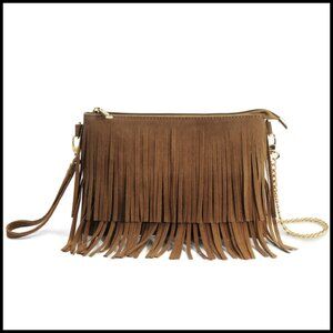 Fringe Crossbody Bag With Wristlet Detachable Chain Strap Top Zip Closure